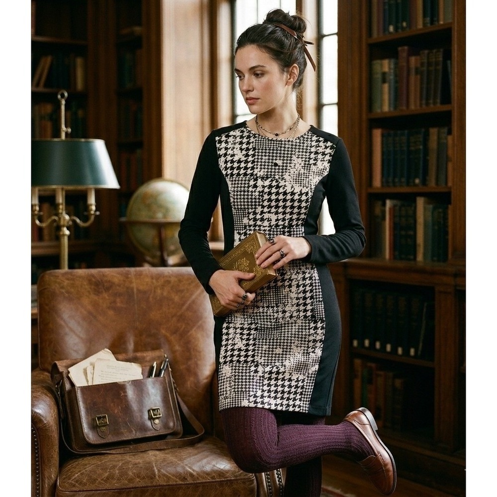 Cato Womens 6 Sheath Dress Black White Houndstooth Slimming Panel Long Sleeve